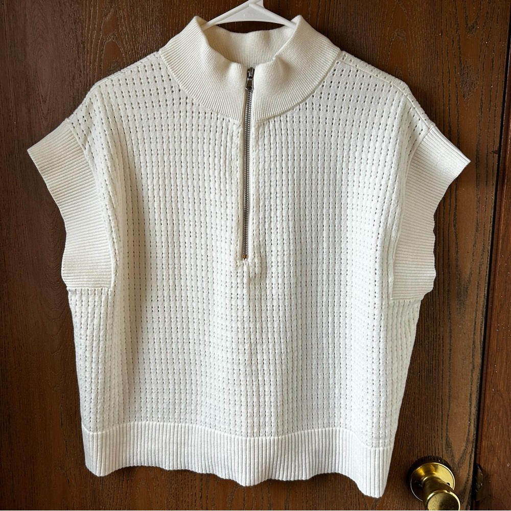 NWT Loft Womens Short Sleeve Cropped Knit Top Half Zip Sleeve Lightweight  Large